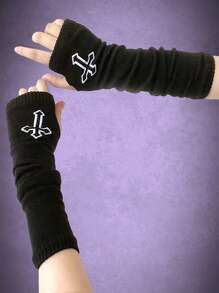ROMWE Goth 1pair Women Cross Pattern Fingerless Gloves For Dailyy2k - Black - View 2