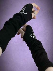 ROMWE Goth 1pair Women Cross Pattern Fingerless Gloves For Dailyy2k - Black - View 3