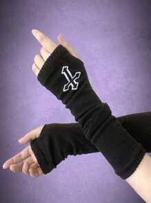ROMWE Goth 1pair Women Cross Pattern Fingerless Gloves For Dailyy2k - Black - View 4