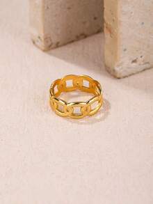 1 pieza Anillo abierto moda de acero inoxidable con diseño de cadena para mujeres para decoración diaria - Amarillo Oro - Ver 2