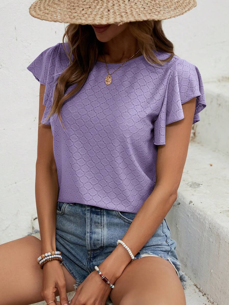 SHEIN LUNE Solid Butterfly Sleeve Tee - Lilac Purple - View 1