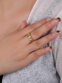 1 pieza Anillo abierto moda de acero inoxidable con diseño de cadena para mujeres para decoración diaria - Amarillo Oro - Ver 4