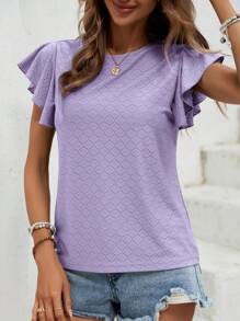 SHEIN LUNE Solid Butterfly Sleeve Tee - Lilac Purple - View 3