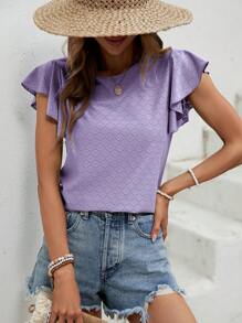 SHEIN LUNE Solid Butterfly Sleeve Tee - Lilac Purple - View 6