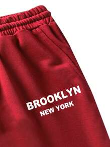 Manfinity EMRG 男士標語圖案拼接邊腰部抽繩短褲 - 紅色 - 查看 4