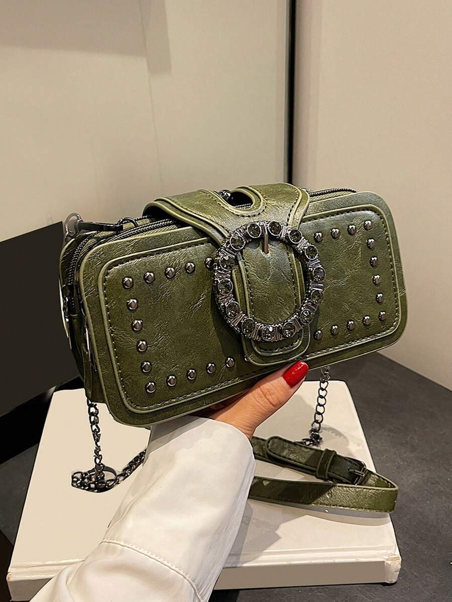 Women Mini Crossbody Bag Fashion Vintage Rivet Motorcycle Bag Chain Shoulder Bag Multi-Pocket Messenger Bag Black Phone Bag Multi-Layers Square Small Bag - Dark Green - View 1