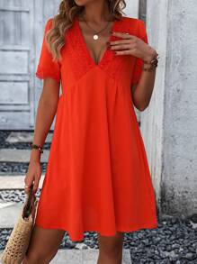 SHEIN LUNE 蕾絲拼接深V領洋裝 - 橘色 - 查看 3