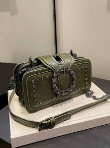 Women Mini Crossbody Bag Fashion Vintage Rivet Motorcycle Bag Chain Shoulder Bag Multi-Pocket Messenger Bag Black Phone Bag Multi-Layers Square Small Bag - Dark Green - View 2