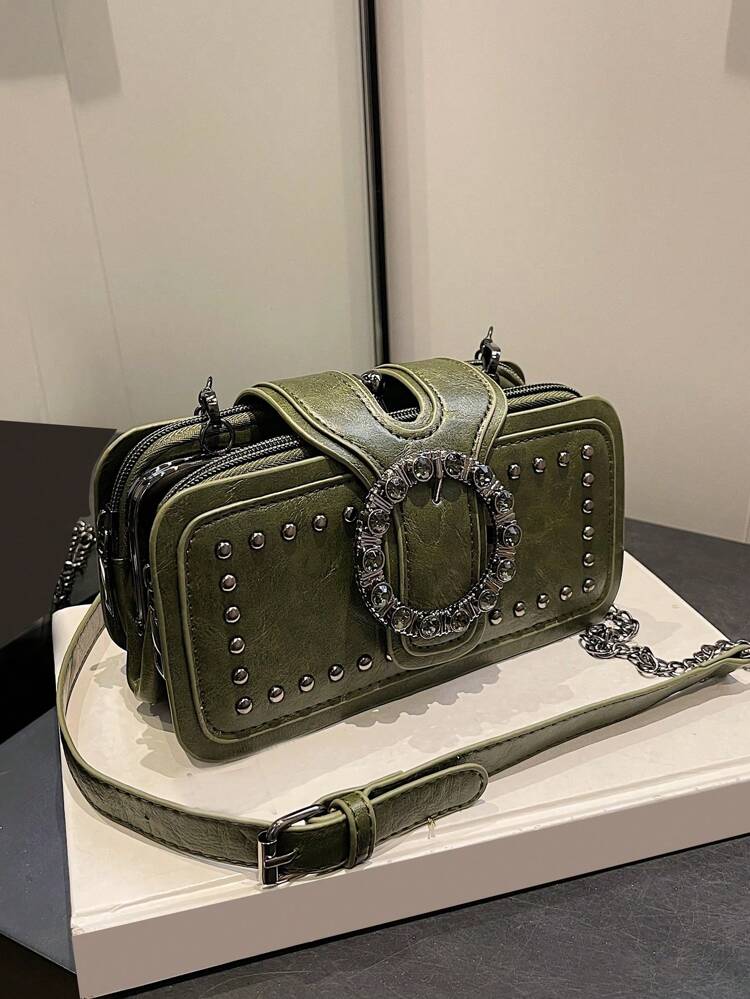 Women Mini Crossbody Bag Fashion Vintage Rivet Motorcycle Bag Chain Shoulder Bag Multi-Pocket Messenger Bag Black Phone Bag Multi-Layers Square Small Bag