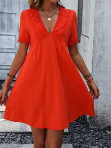 SHEIN LUNE 蕾絲拼接深V領洋裝 - 橘色 - 查看 4