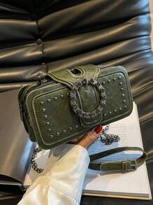 Women Mini Crossbody Bag Fashion Vintage Rivet Motorcycle Bag Chain Shoulder Bag Multi-Pocket Messenger Bag Black Phone Bag Multi-Layers Square Small Bag - Dark Green - View 3
