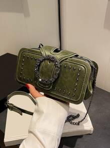 Women Mini Crossbody Bag Fashion Vintage Rivet Motorcycle Bag Chain Shoulder Bag Multi-Pocket Messenger Bag Black Phone Bag Multi-Layers Square Small Bag - Dark Green - View 4