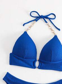 SHEIN Swim Summer Beach Chain Linked Halter Triangle Bikini Set - Blue - View 4