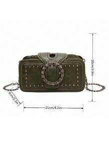 Women Mini Crossbody Bag Fashion Vintage Rivet Motorcycle Bag Chain Shoulder Bag Multi-Pocket Messenger Bag Black Phone Bag Multi-Layers Square Small Bag - Dark Green - View 7