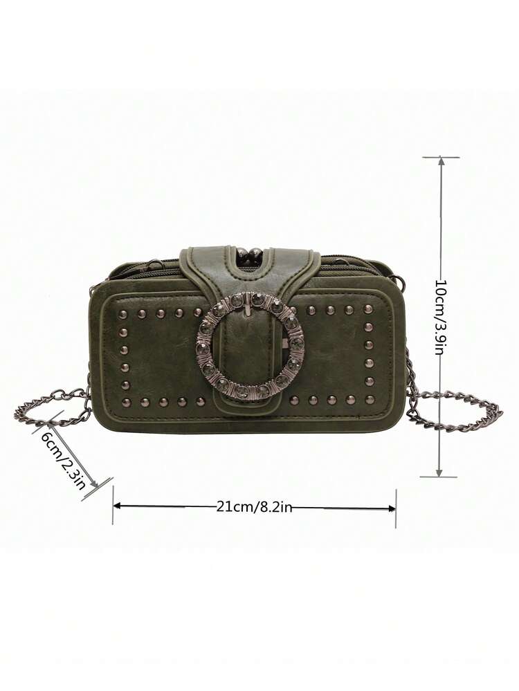 Women Mini Crossbody Bag Fashion Vintage Rivet Motorcycle Bag Chain Shoulder Bag Multi-Pocket Messenger Bag Black Phone Bag Multi-Layers Square Small Bag