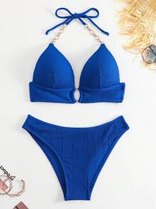 SHEIN Swim Summer Beach Chain Linked Halter Triangle Bikini Set - Blue - View 6