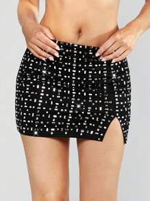 SHEIN BAE Váy nữ Pha lê kim cương Chia màu trơn Buổi tiệc - màu đen - Xem 2