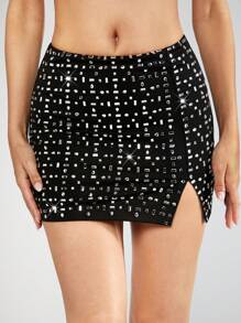 SHEIN BAE Váy nữ Pha lê kim cương Chia màu trơn Buổi tiệc - màu đen - Xem 6
