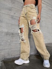SHEIN ICON Quần jean nữ Nút Túi Bị tách Dây kéo màu trơn - Màu Khaki - Xem 5