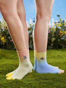 TOM & JERRY X SHEIN 2pairs Cat & Mouse Embroidery Crew Socks - Multicolor - View 3