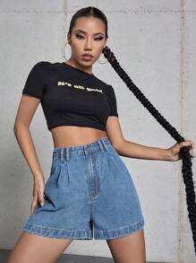 SHEIN EZwear 高腰闊腿牛仔短褲 - 中等水洗藍 - 查看 3