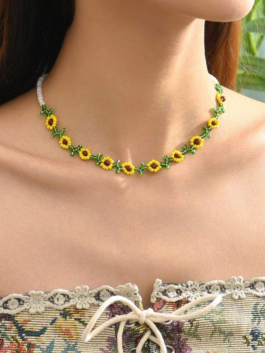 1入組波西米亞風格向日葵和串珠項鏈適用於女士度假 - 彩色 - 查看 1
