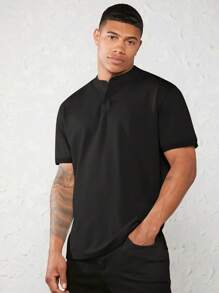GENTILAND Men Cotton Button Front Polo Shirt - Black - View 1