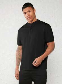 GENTILAND Men Cotton Button Front Polo Shirt - Black - View 3