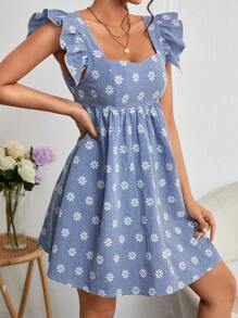 SHEIN PETITE Daisy Floral Print Ruffle Trim Dress - Blue and White - View 1