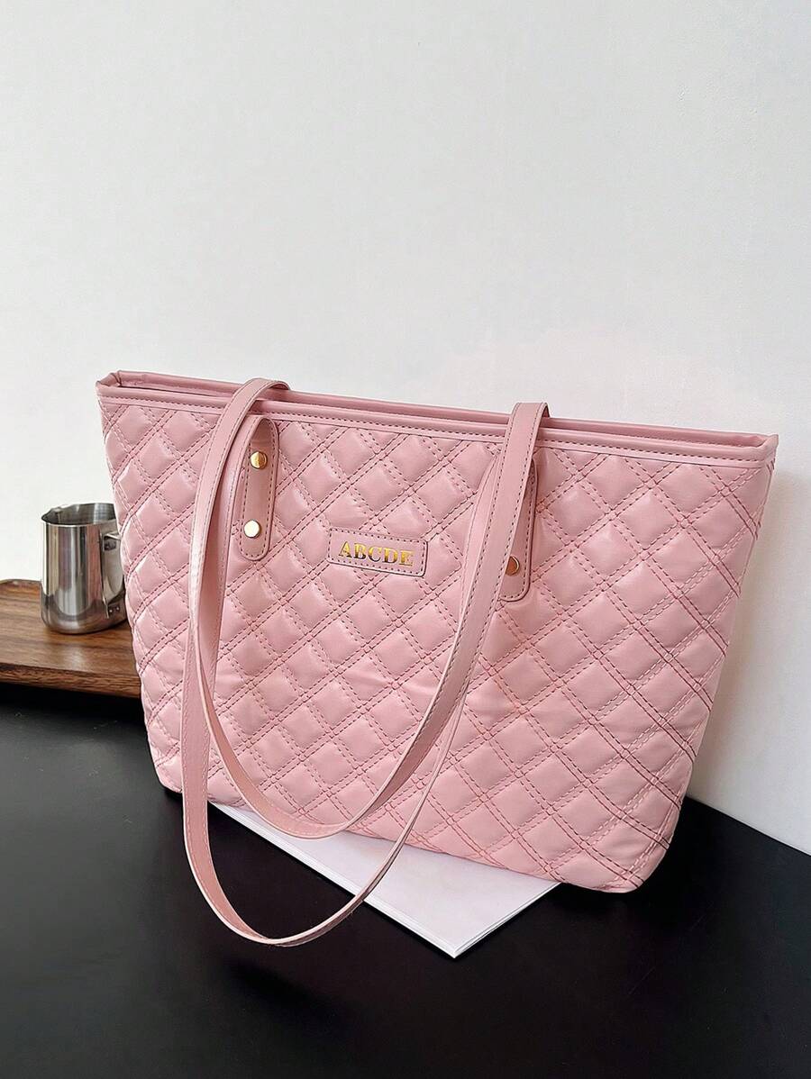 Large Shoulder Tote Bag Quilted Pattern Letter Patch Decor Pink - Pink - View 1