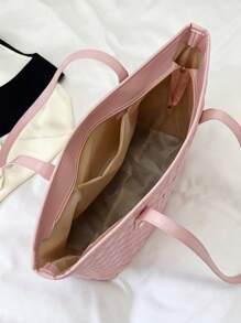 Large Shoulder Tote Bag Quilted Pattern Letter Patch Decor Pink - Pink - View 3