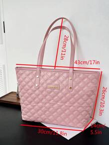 Large Shoulder Tote Bag Quilted Pattern Letter Patch Decor Pink - Pink - View 4