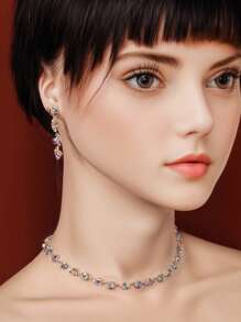 4入组/套全水鑽形狀項鍊和耳飾日常配件 - 銀色 - 查看 2