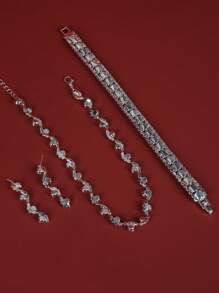 4入组/套全水鑽形狀項鍊和耳飾日常配件 - 銀色 - 查看 3