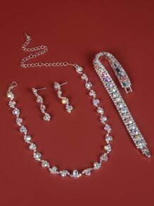 4入组/套全水鑽形狀項鍊和耳飾日常配件 - 銀色 - 查看 4