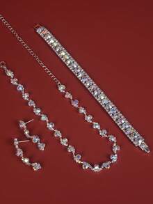 4入组/套全水鑽形狀項鍊和耳飾日常配件 - 銀色 - 查看 5