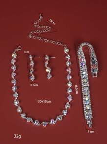 4入组/套全水鑽形狀項鍊和耳飾日常配件 - 銀色 - 查看 6
