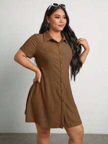 SHEIN EZwear 大碼單排釦開襟連衣裙 - 摩卡棕 - 查看 4