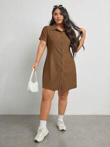 SHEIN EZwear 大碼單排釦開襟連衣裙 - 摩卡棕 - 查看 5