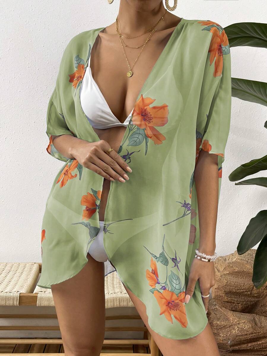 Floral Print Chiffon Kimono - Olive Green - View 1