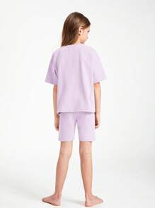 SHEIN Girls Solid Drop Shoulder Tee & Cycling Shorts - Lilac Purple - View 2