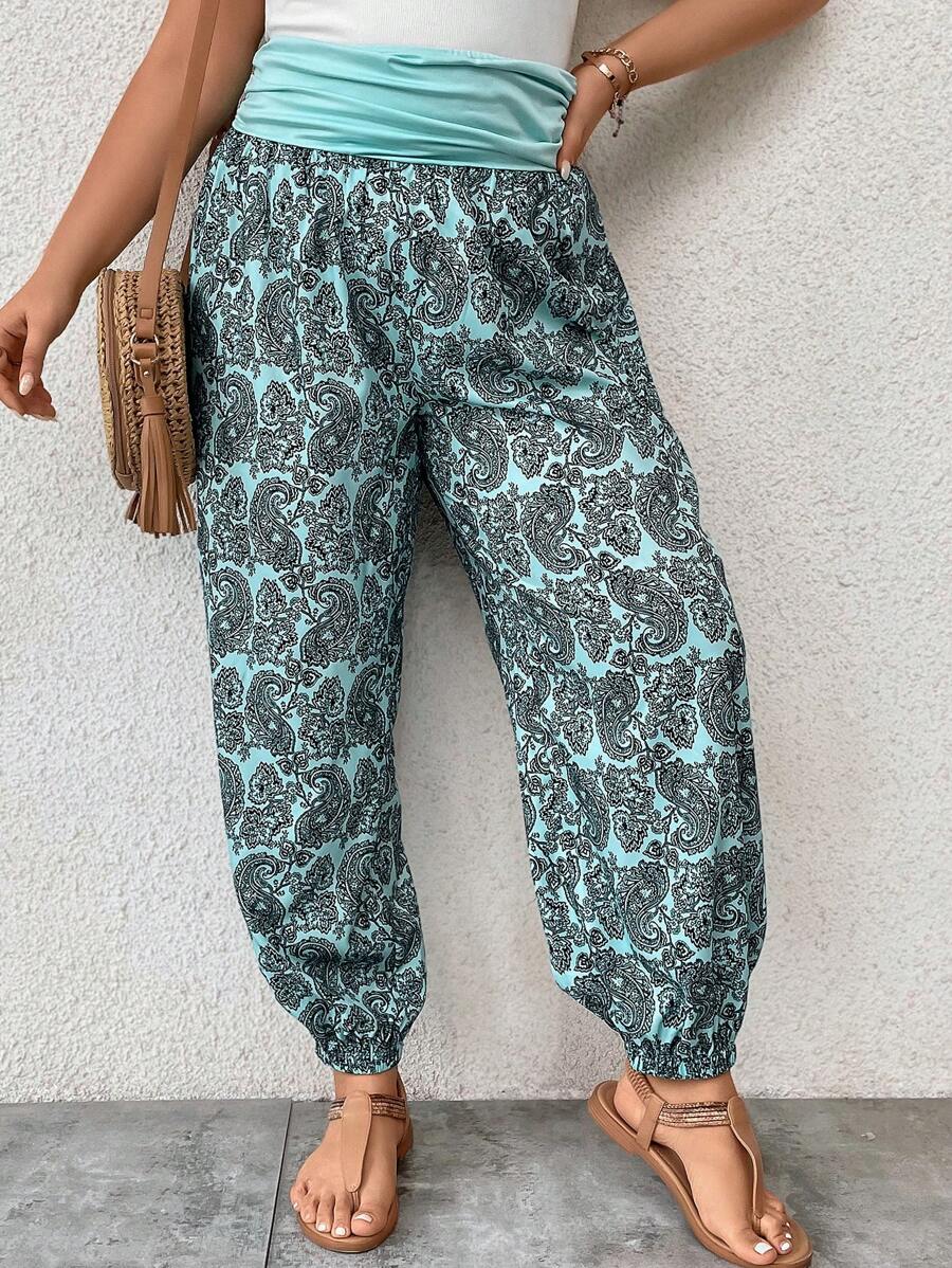 EMERY ROSE Plus Paisley Print Ruched Waist Trousers - Green - View 1