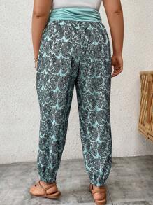 EMERY ROSE Plus Paisley Print Ruched Waist Trousers - Green - View 2