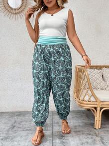 EMERY ROSE Plus Paisley Print Ruched Waist Trousers - Green - View 4