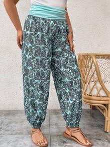 EMERY ROSE Plus Paisley Print Ruched Waist Trousers - Green - View 6