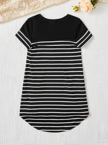 SHEIN Young Girl Striped Print Curved Hem Tee Dress - Black - View 3