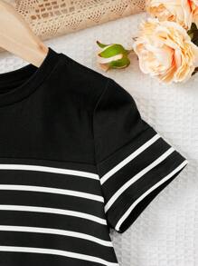SHEIN Young Girl Striped Print Curved Hem Tee Dress - Black - View 4