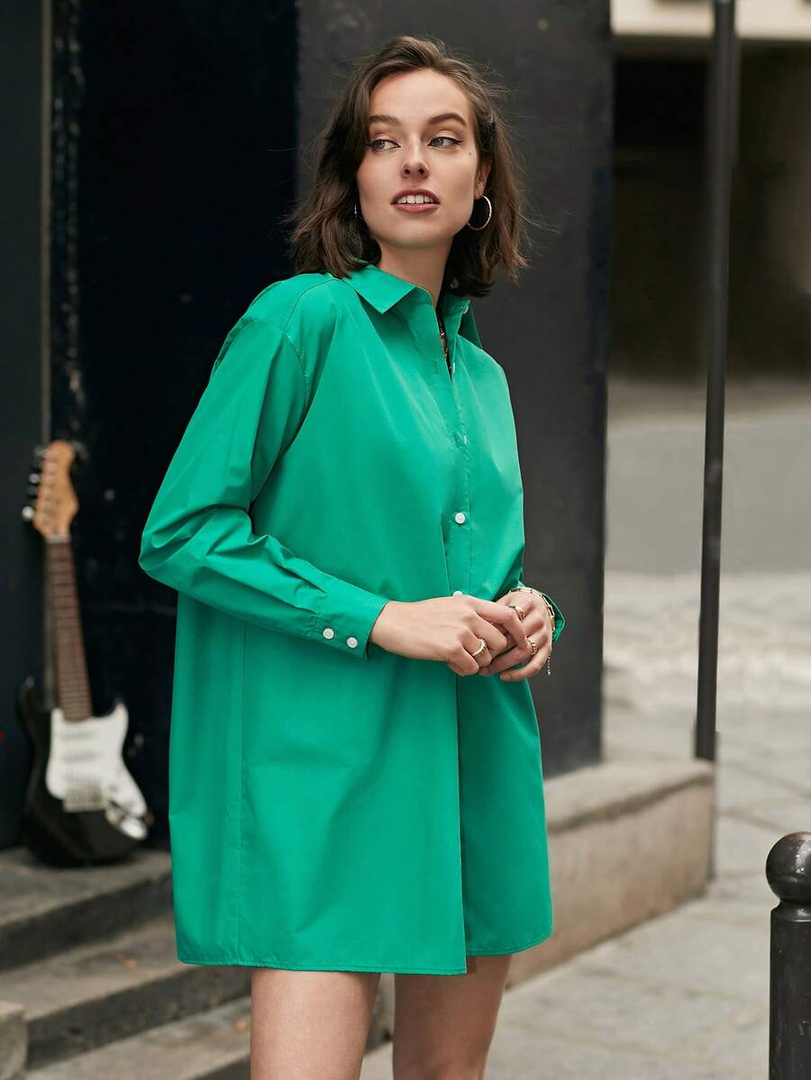 SHEIN Frenchy Đầm Nút phía trước màu trơn Giải trí - màu xanh lá - Xem 1