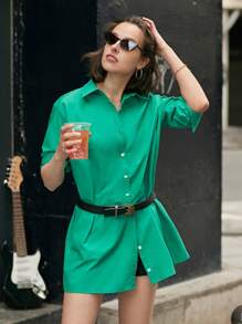 SHEIN Frenchy Đầm Nút phía trước màu trơn Giải trí - màu xanh lá - Xem 2