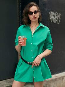 SHEIN Frenchy Đầm Nút phía trước màu trơn Giải trí - màu xanh lá - Xem 3